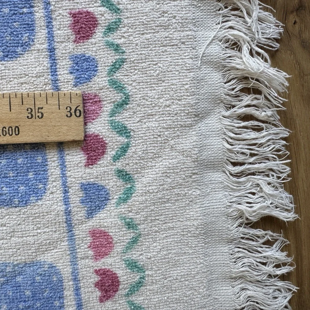 Vintage Cannon Bath Towel Blue Cat Pink Flowers Fringe Retro Cottagecore 80s 90s